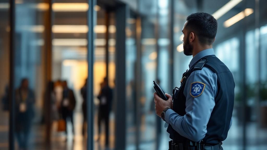 Male security guard in uniform holding a radio, standing in a building lobby.