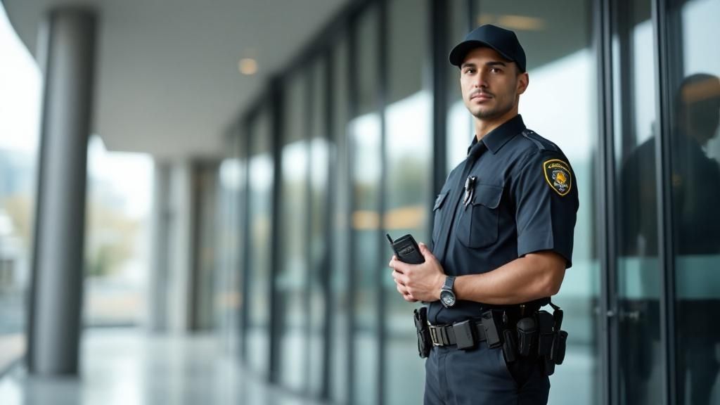 Security guard in uniform holding a radio device while standing in a modern building corridor
