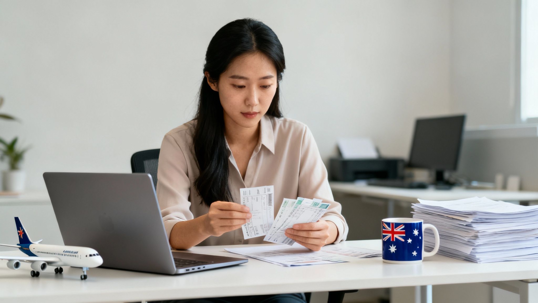 노트북 앞에서 여행 영수증을 확인하며 사업 경비를 정리하는 아시아 여성