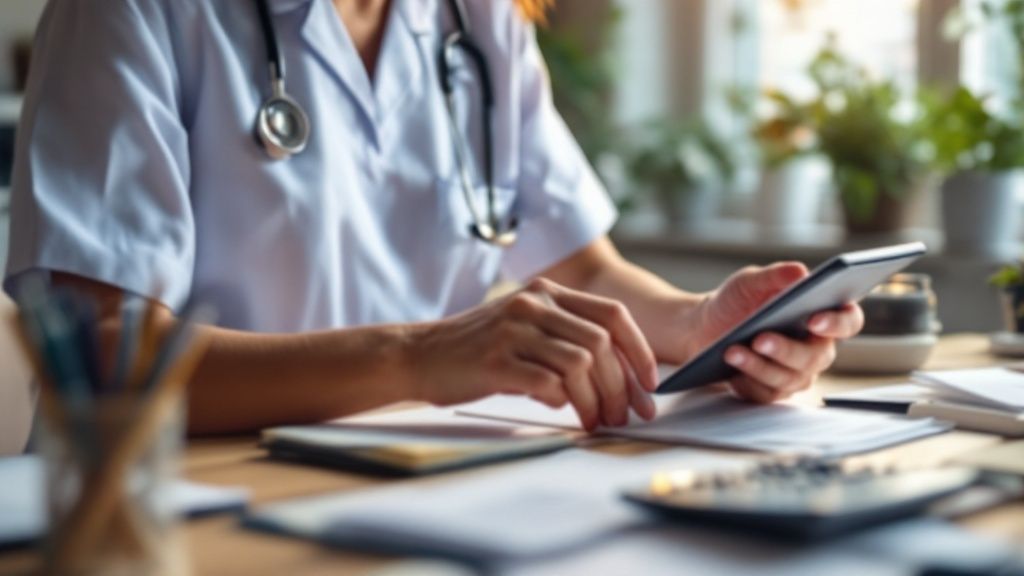 A nurse in uniform using a tablet while reviewing tax documents at a desk.