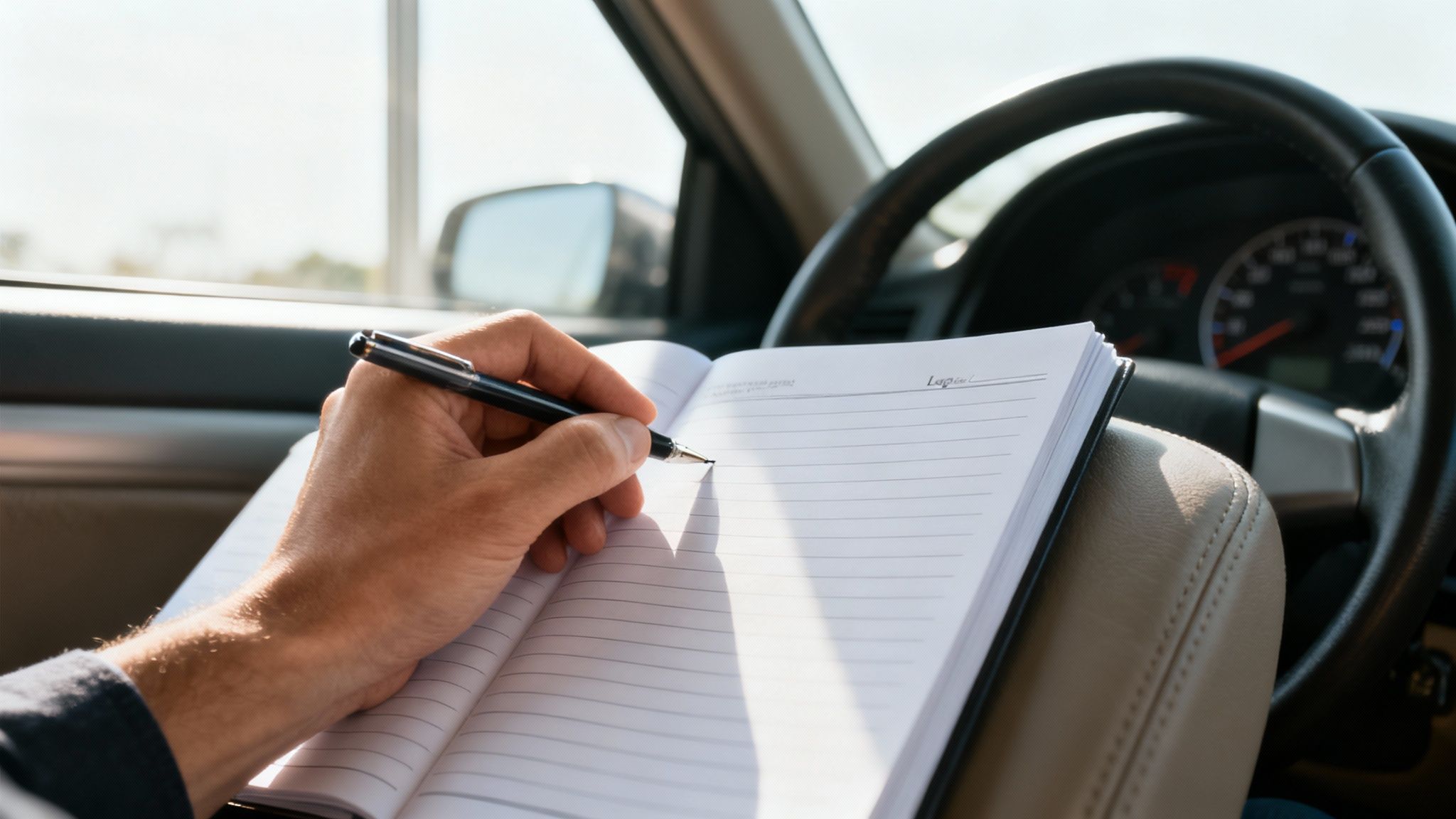 차 안에서 한 손이 펜으로 줄이 있는 공책에 글을 쓰는 모습