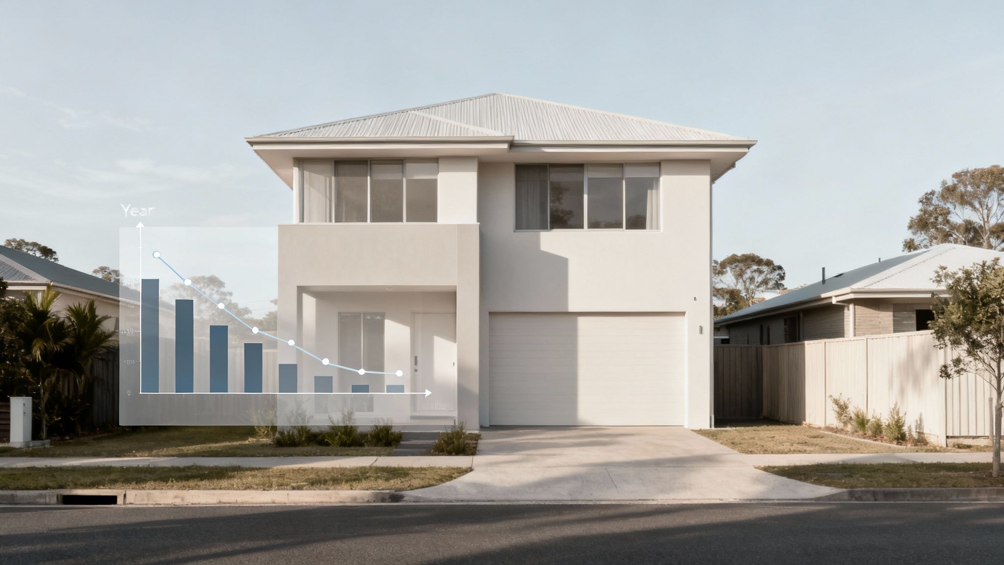 A graph showing house depreciation over time overlaid on a modern two-story house.