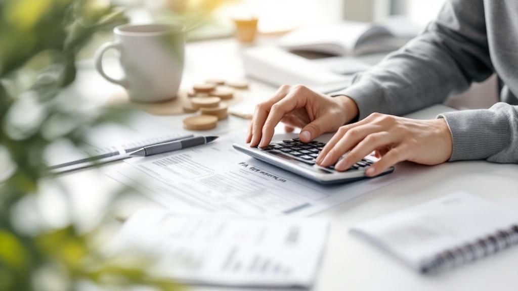 Person using a calculator with financial documents on a desk