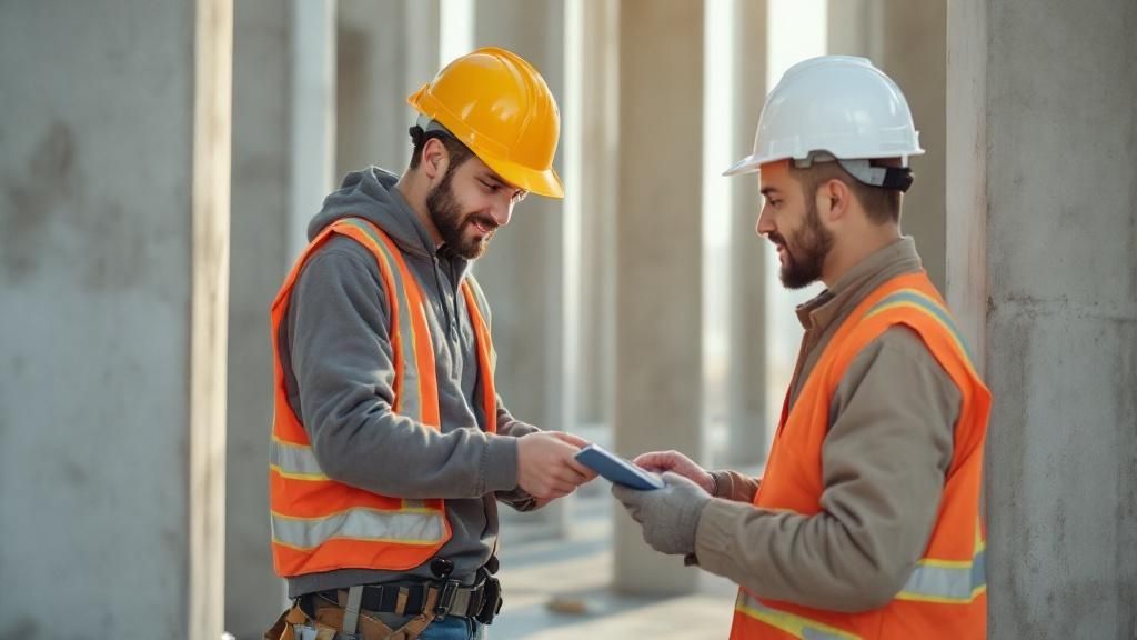 Two construction workers wearing safety gear discussing blueprints on site