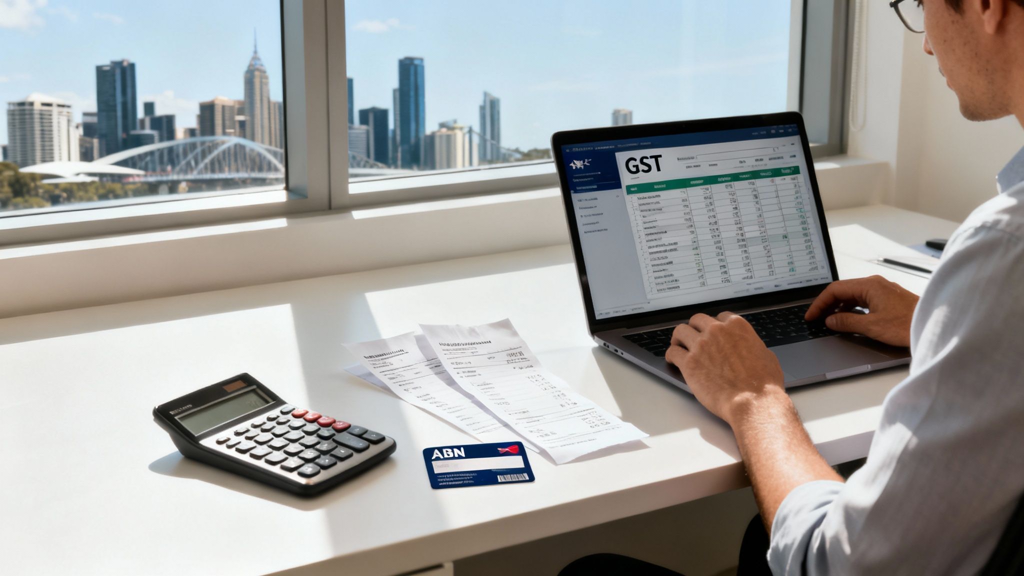 A person calculates GST on a laptop with receipts, a calculator, and a city skyline view.
