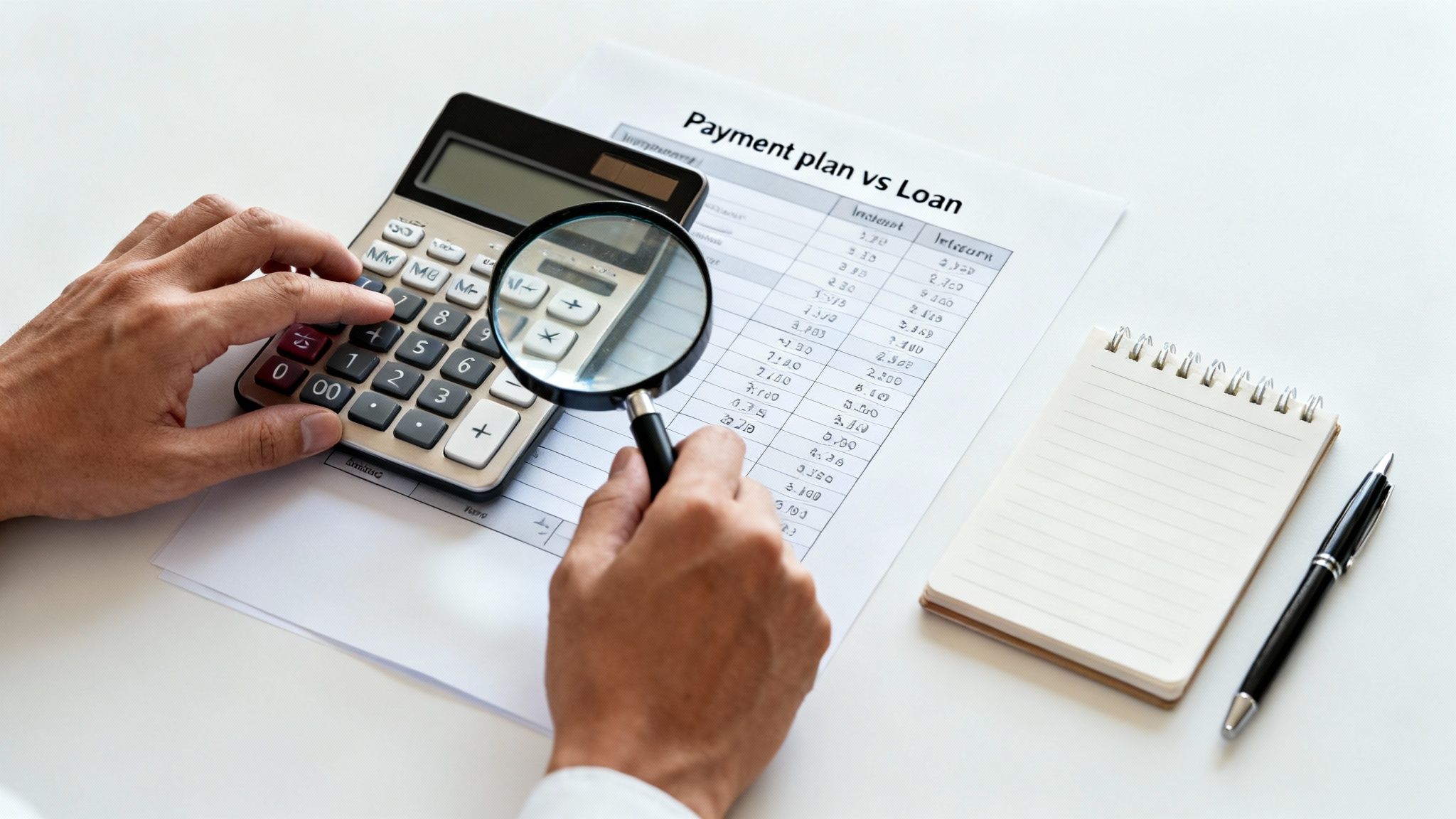 Hands using a calculator and magnifying glass to analyze a financial payment plan document.