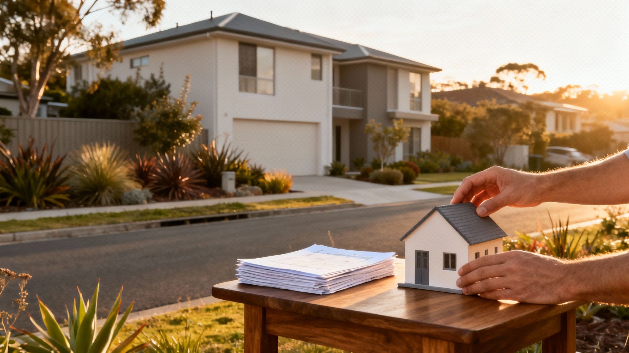해질녘 주택가 배경에 놓인 탁자 위 미니어처 주택 모형과 서류를 만지는 사람의 손