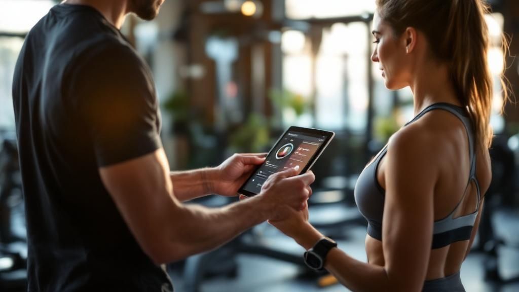 Personal trainer showing workout data on a tablet to a female client in the gym