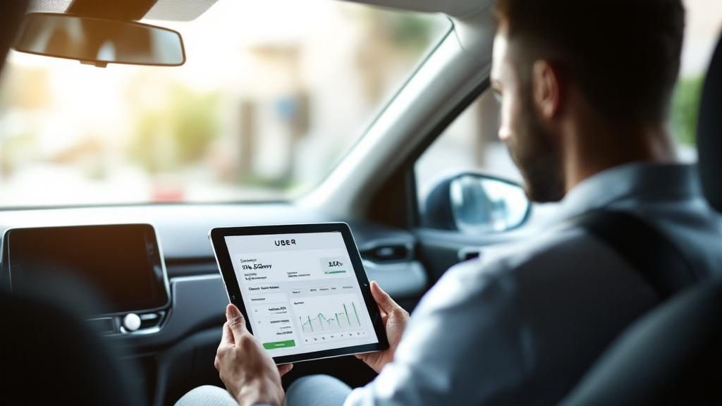 Uber driver sitting in a car reviewing earnings and tax summary on a tablet, highlighting the reality of tax filing responsibilities.

