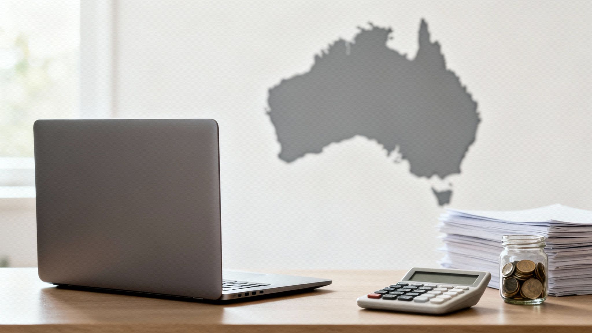 책상 위 노트북, 계산기, 동전이 담긴 병, 서류 더미가 놓여 있고 벽에는 호주 지도가 보이는 모습.