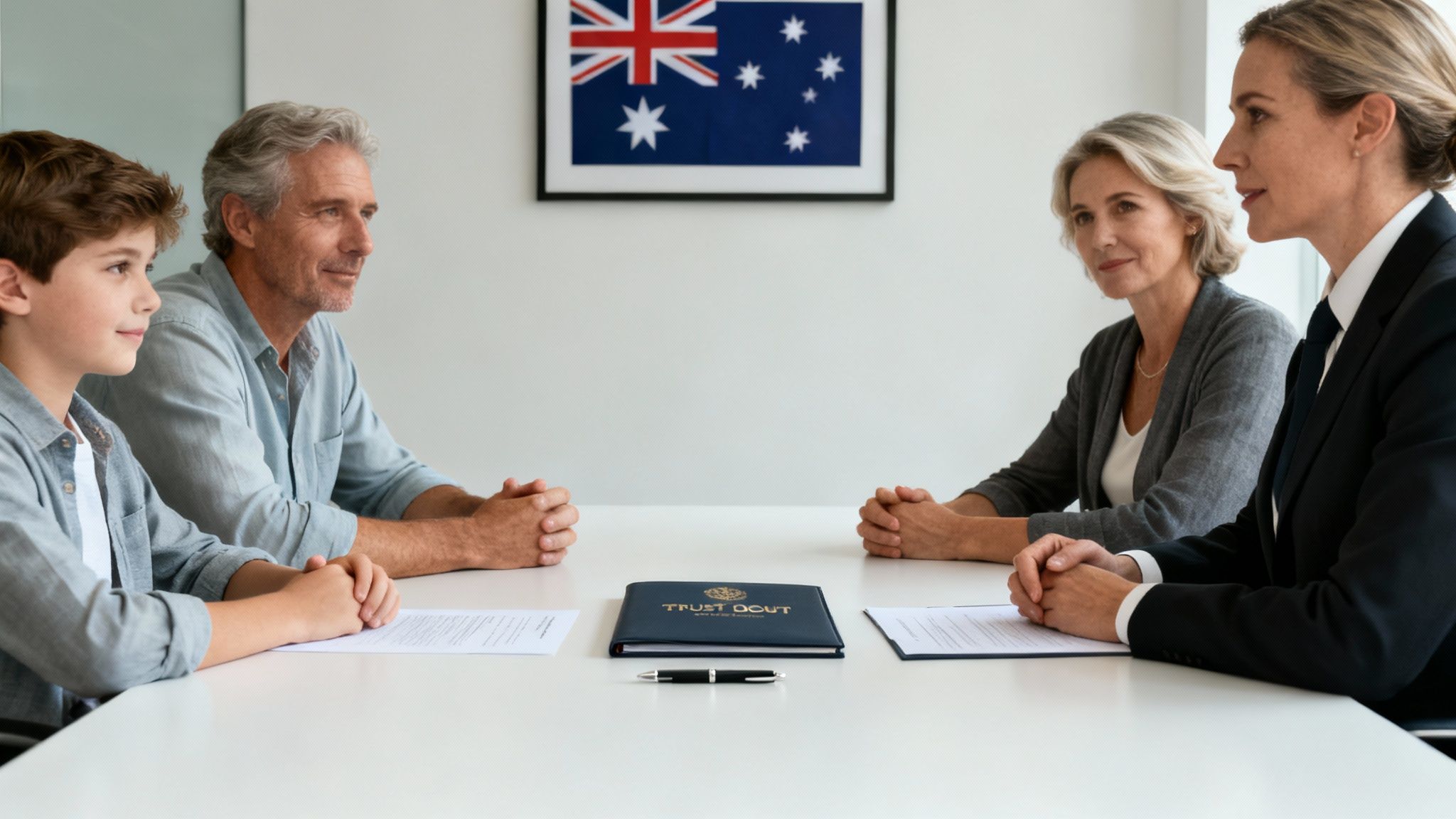 A family and a lawyer meet at a table with documents, under an Australian flag, discussing a trust.