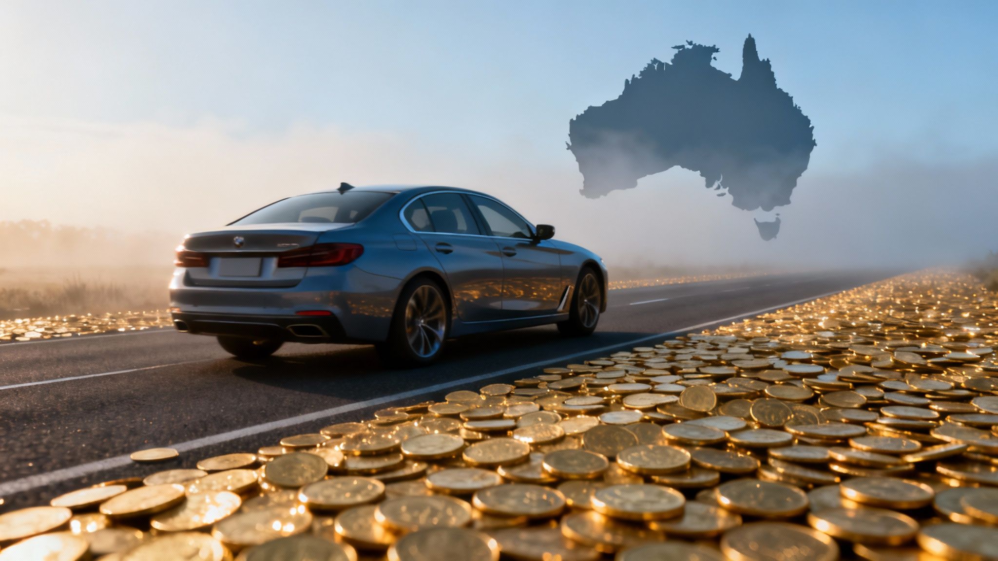 Car driving across coins shaped like Australia illustrating the ATO cents per kilometre rate 2026 for work-related car expenses.