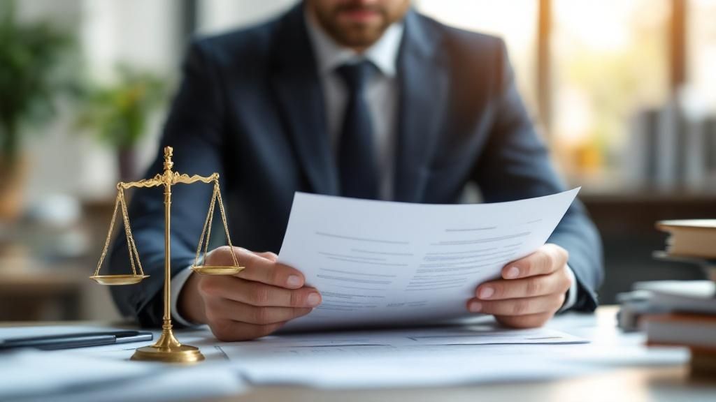 Lawyer reviewing documents with a scale of justice on the desk, symbolizing legal aspects of superannuation death benefits.