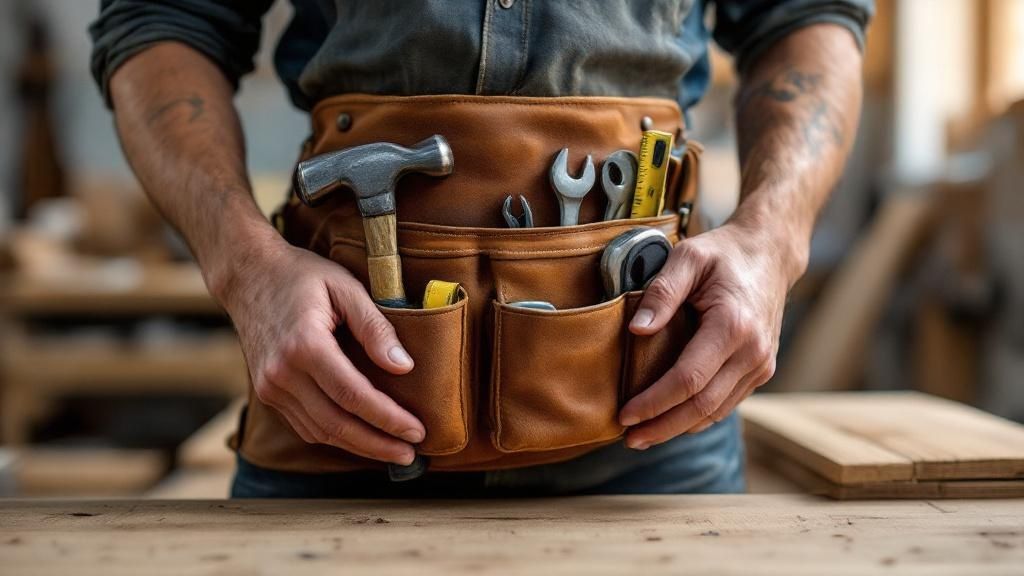 A tradesperson wearing a tool belt with various hand tools, symbolizing skilled trade work in Australia