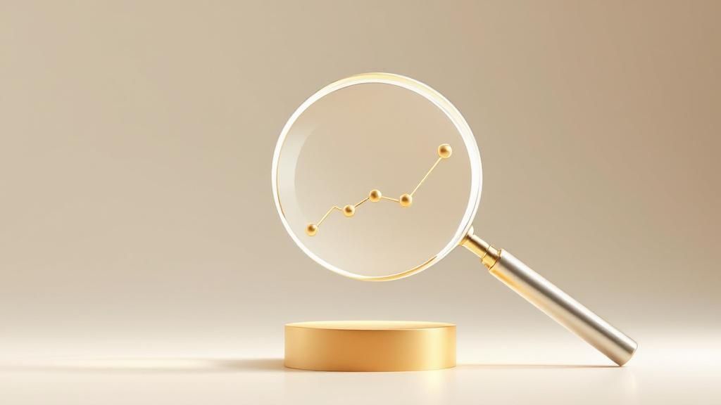 Magnifying glass analyzing a rising data chart on a beige background