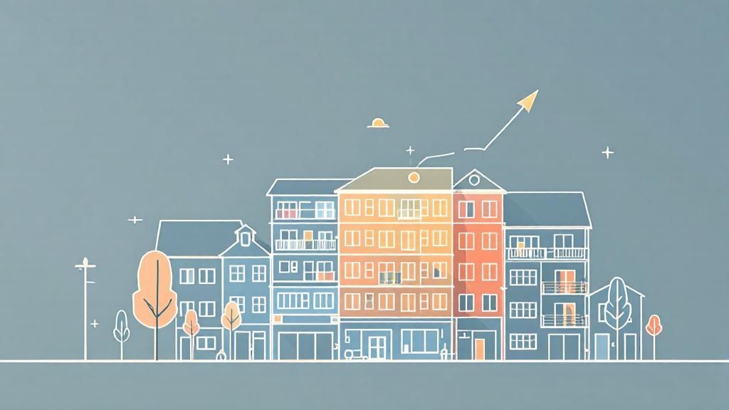 Colorful apartment buildings with upward arrow symbolizing property value growth and tax benefits