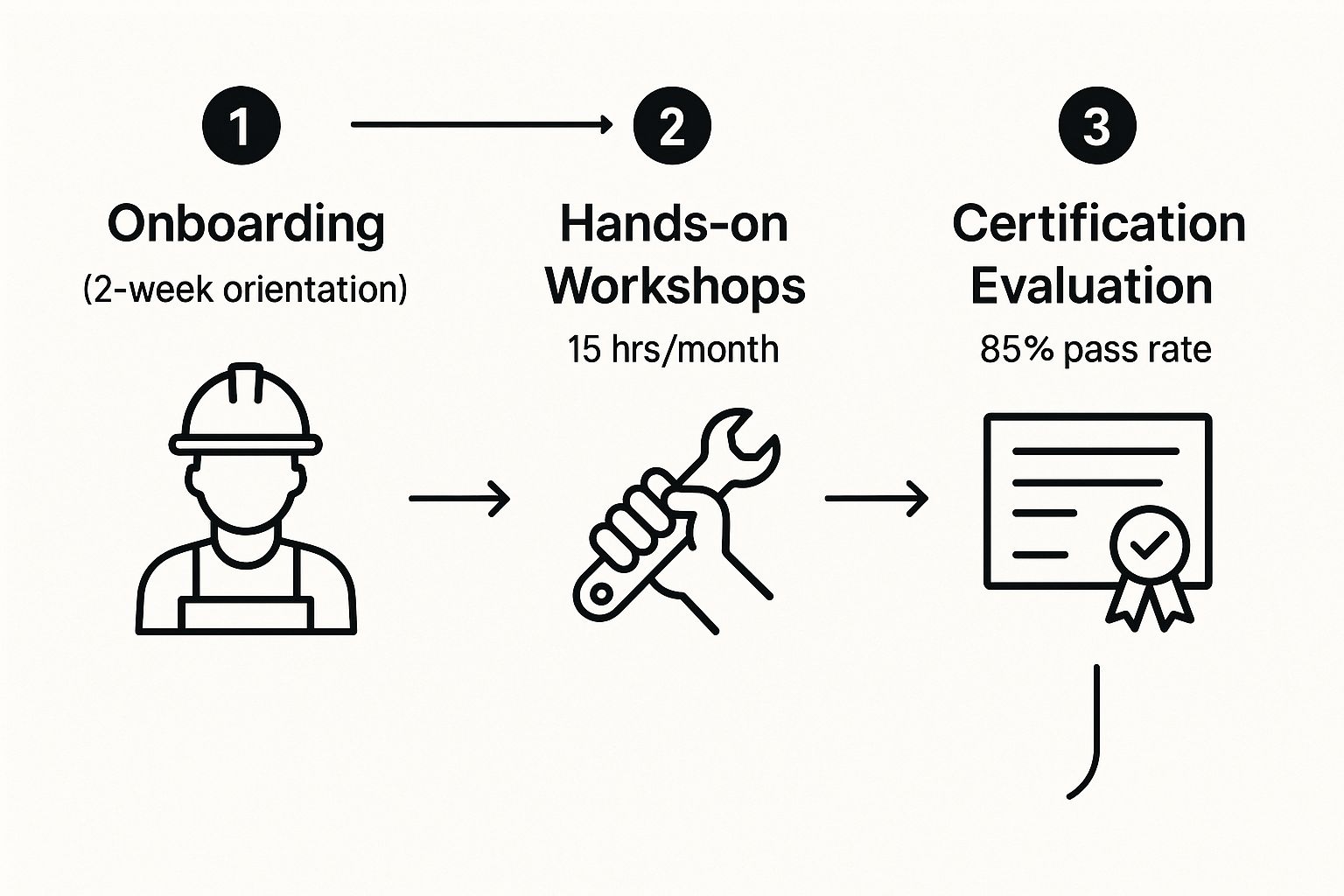 Three-step training process for factory workers: onboarding, hands-on workshops, and certification evaluation