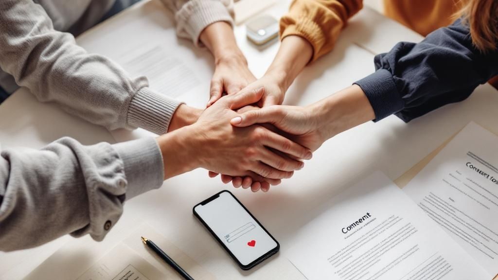 A group of people placing their hands together over a table with documents and a smartphone showing a heart notification, symbolizing teamwork and agreement.