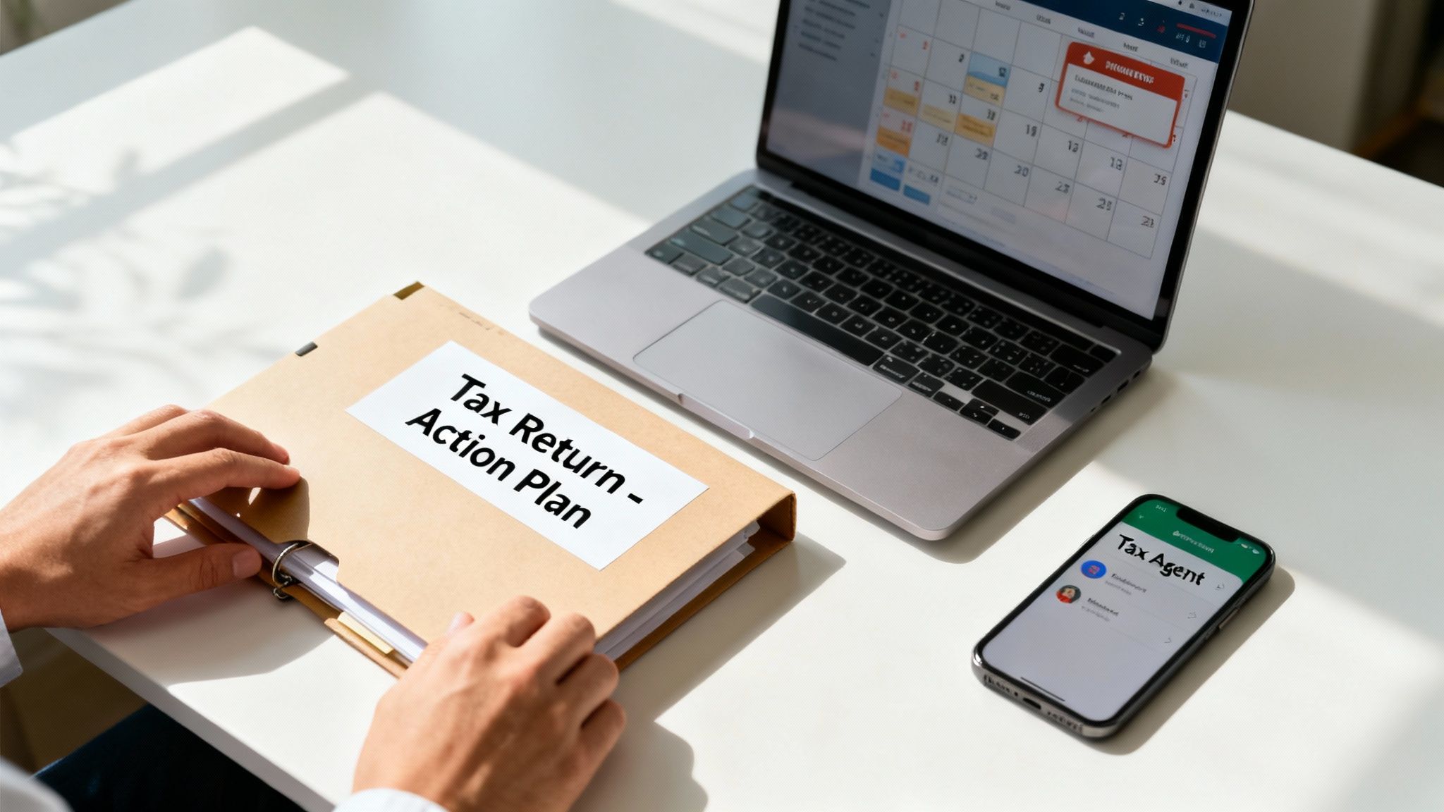 Hands opening a binder labeled 'Tax Return - Action Plan' with a laptop and smartphone, indicating tax preparation.