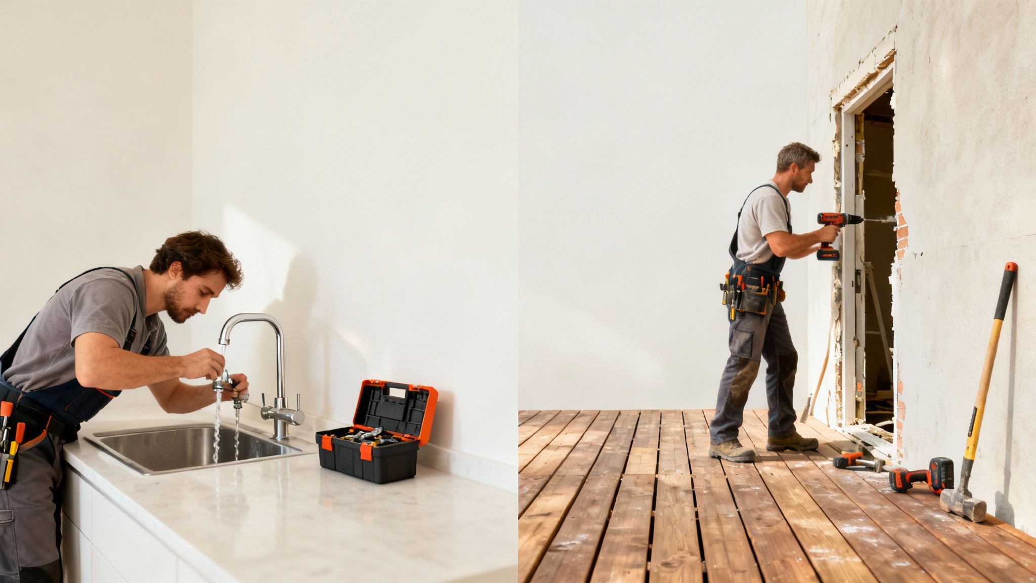 Two workers performing repair and renovation tasks: a plumber fixing a faucet and a worker drilling a wall.