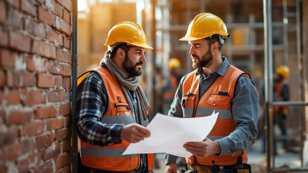 Two construction workers in safety gear discussing blueprints at a building site