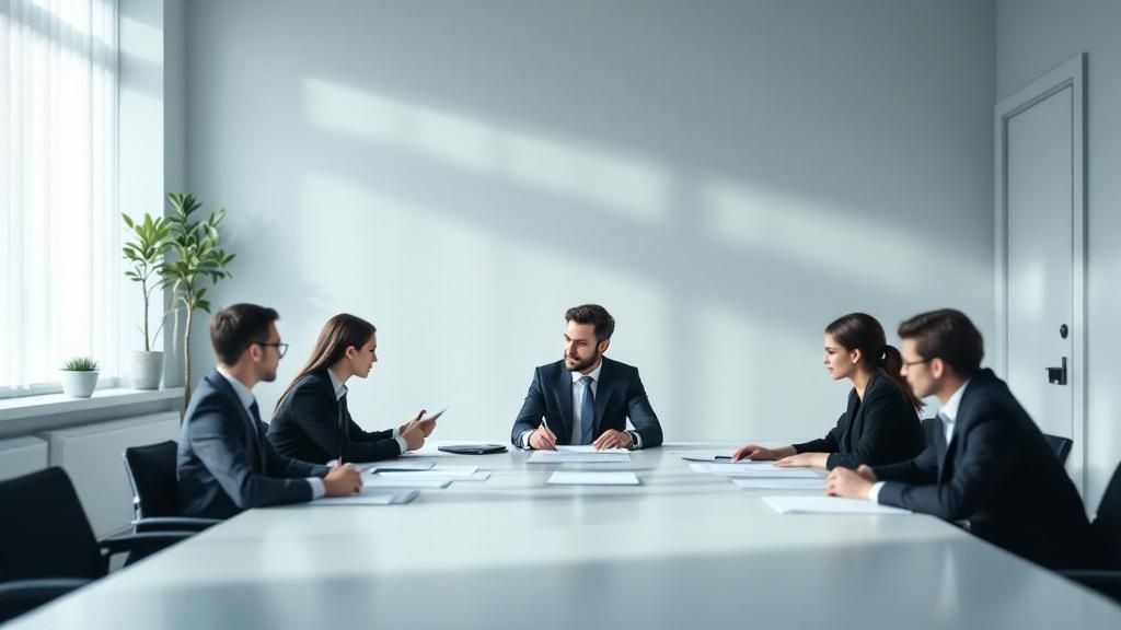 Corporate professionals discussing documents during a formal boardroom meeting