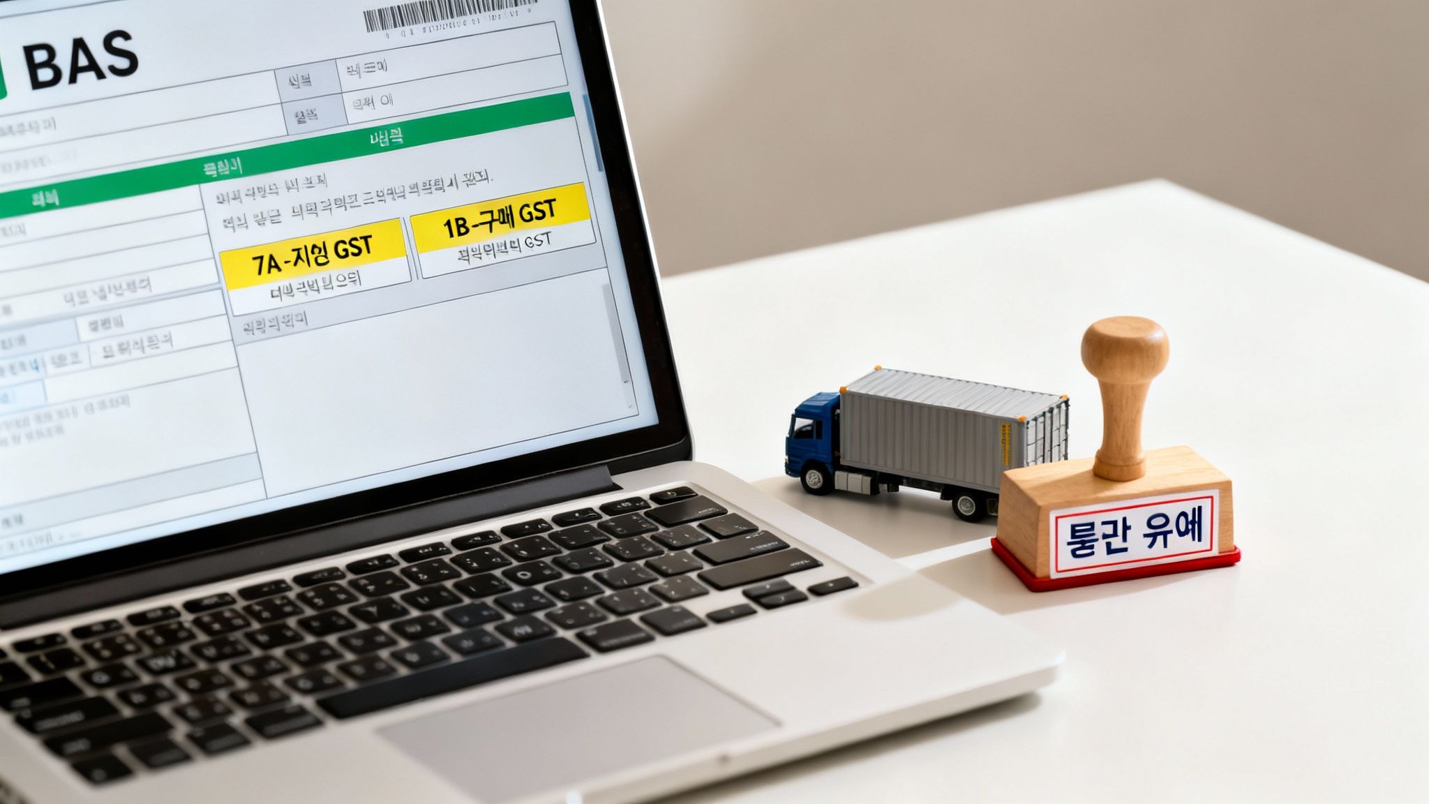 노트북 화면에 GST 정보, 미니어처 트럭과 '물품 유예' 도장이 있는 세금 관련 이미지.