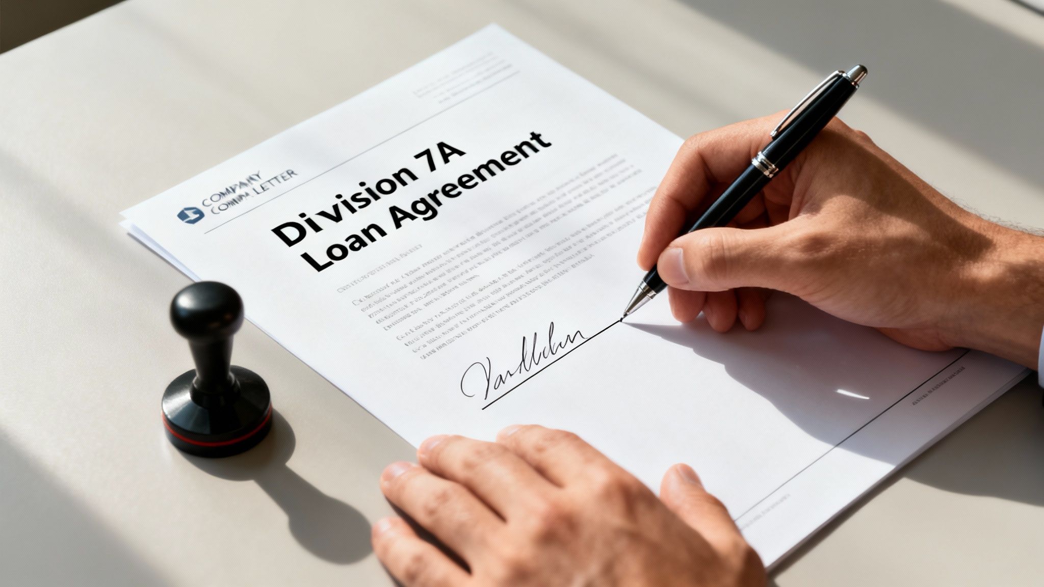 손이 &#39;Division 7A Loan Agreement&#39; 문서를 서명하고 있으며, 옆에 고무 스탬프가 놓여 있습니다.