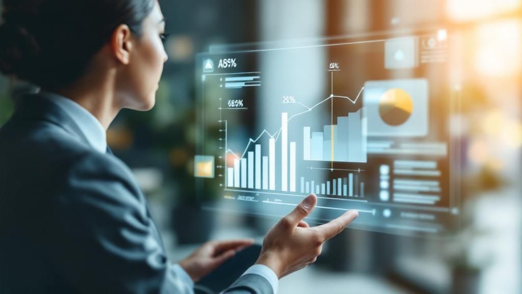 Businesswoman analysing interactive financial data dashboard with bar charts and performance graphs — representing asset depreciation, business tax planning, and financial forecasting in Australia.