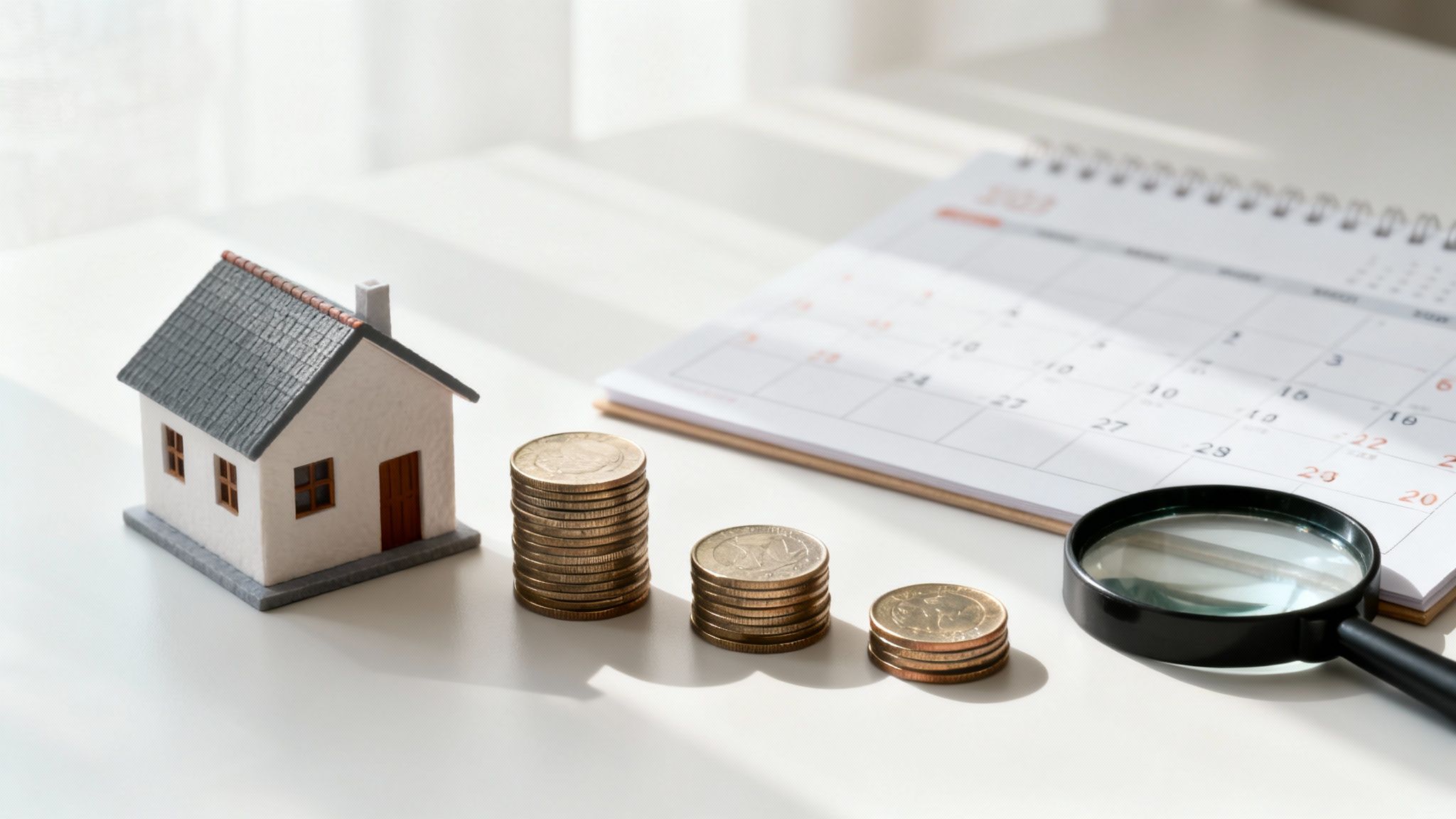 A miniature house, stacks of coins, a calendar, and a magnifying glass on a white desk.