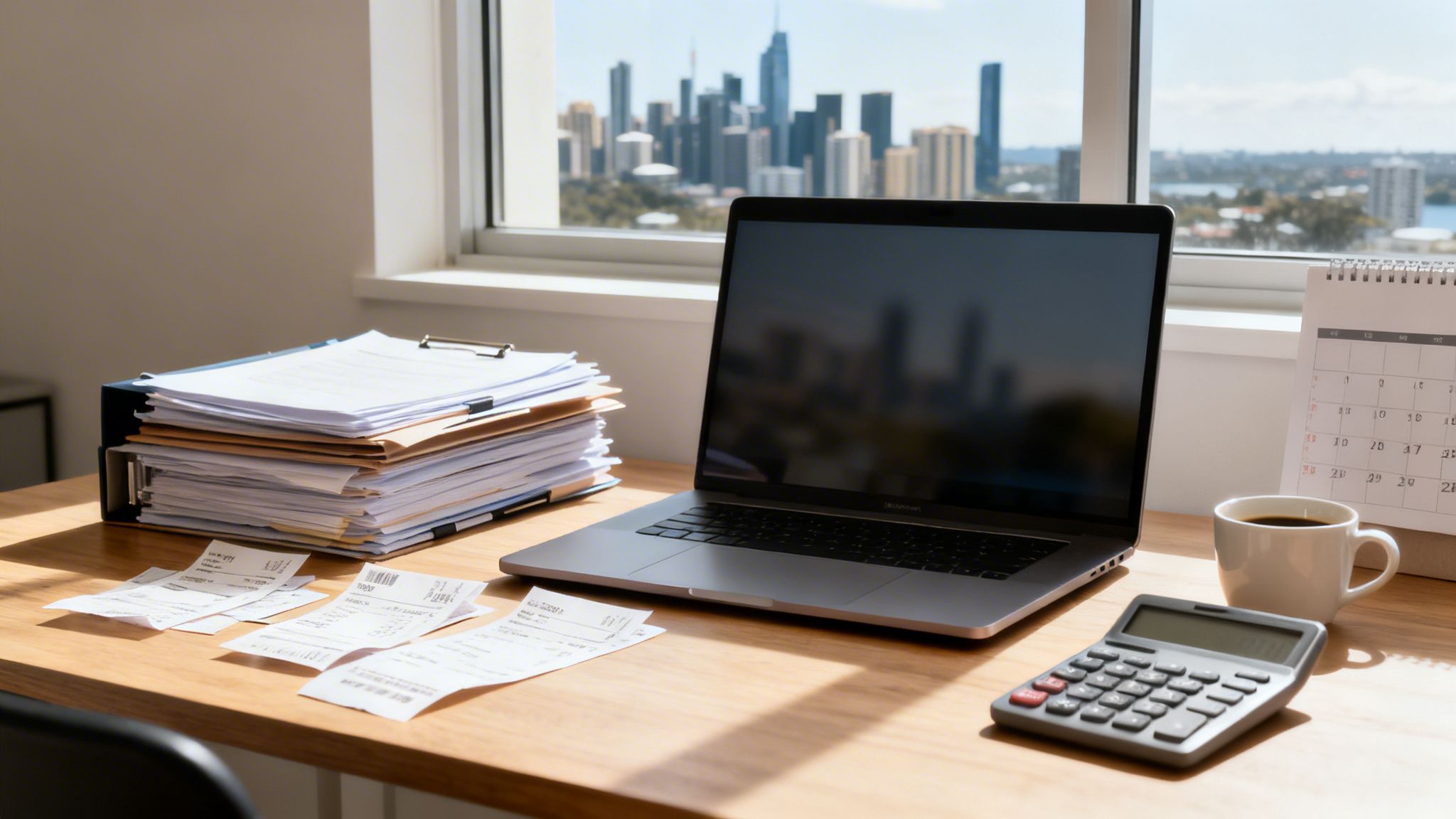 창밖 도시 풍경이 보이는 책상에 서류, 영수증, 노트북, 계산기, 커피가 놓여있습니다.