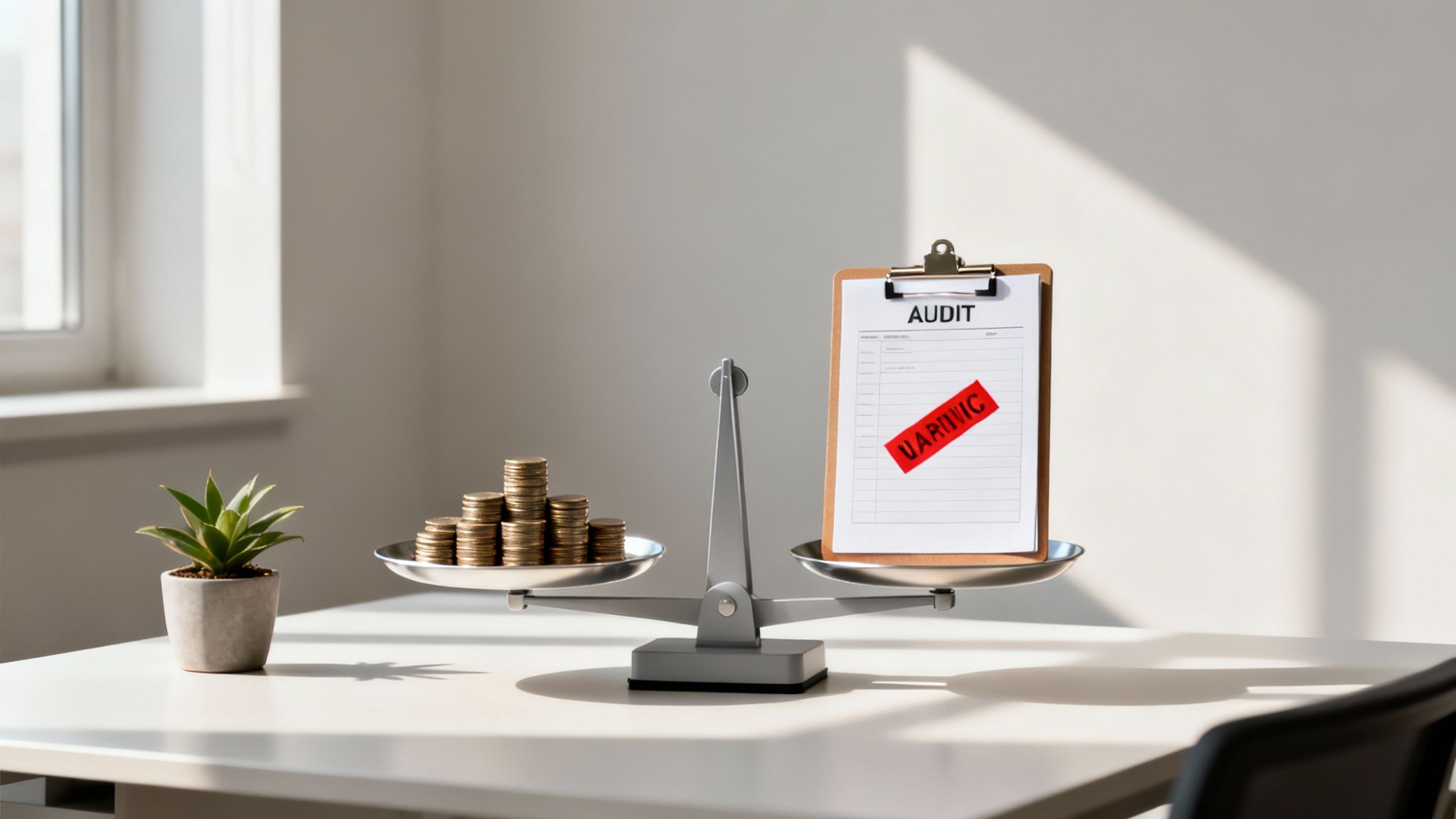 Scales balancing stacks of gold coins against an audit report with a 'WARNING' stamp.