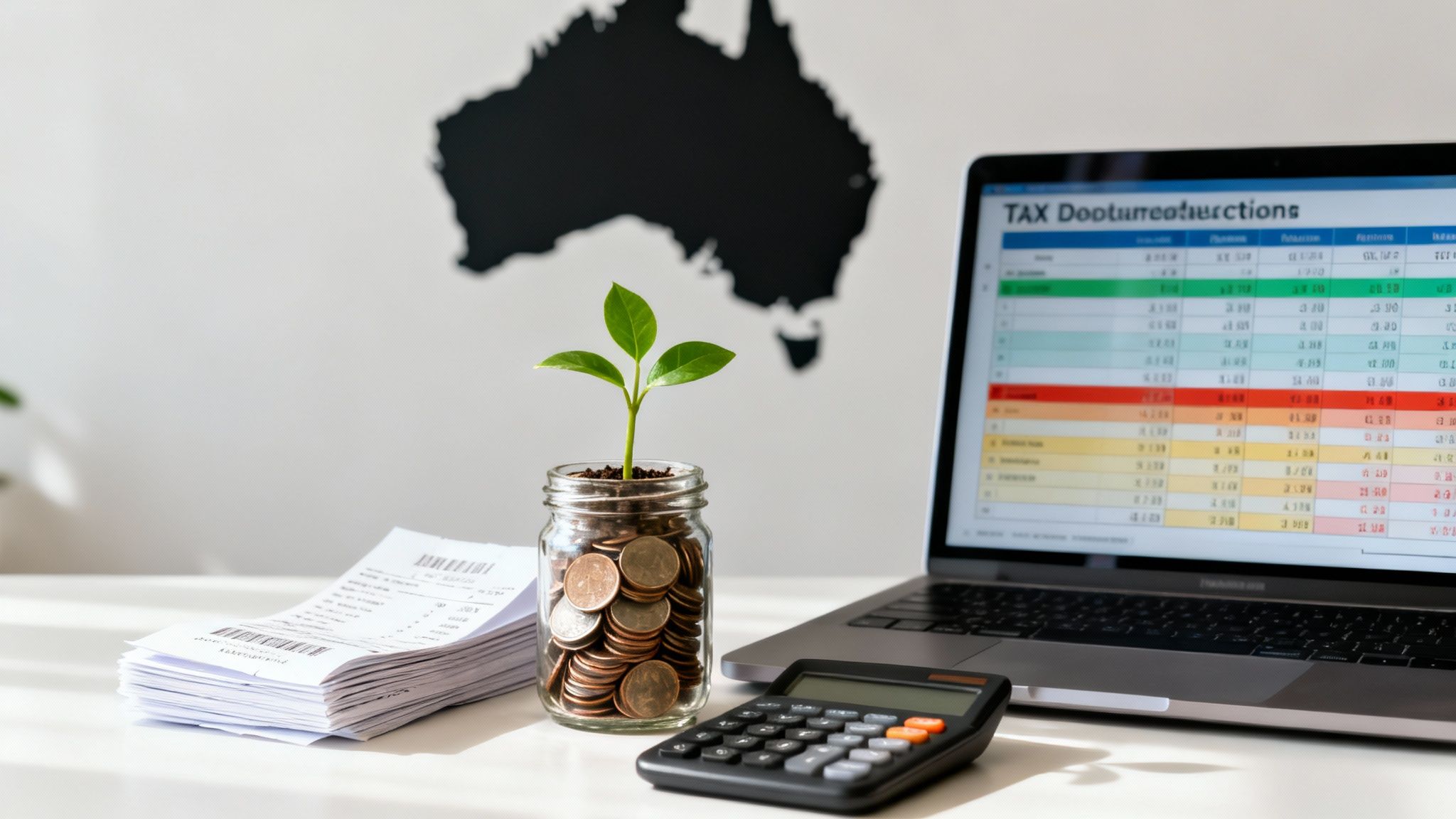 Laptop with tax documents, calculator, and financial charts illustrating small business tax deductions in Australia
