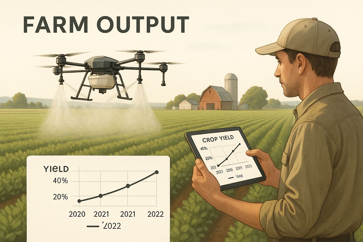 Farmer using tablet to monitor drone spraying crops with farm output data and graph overlay