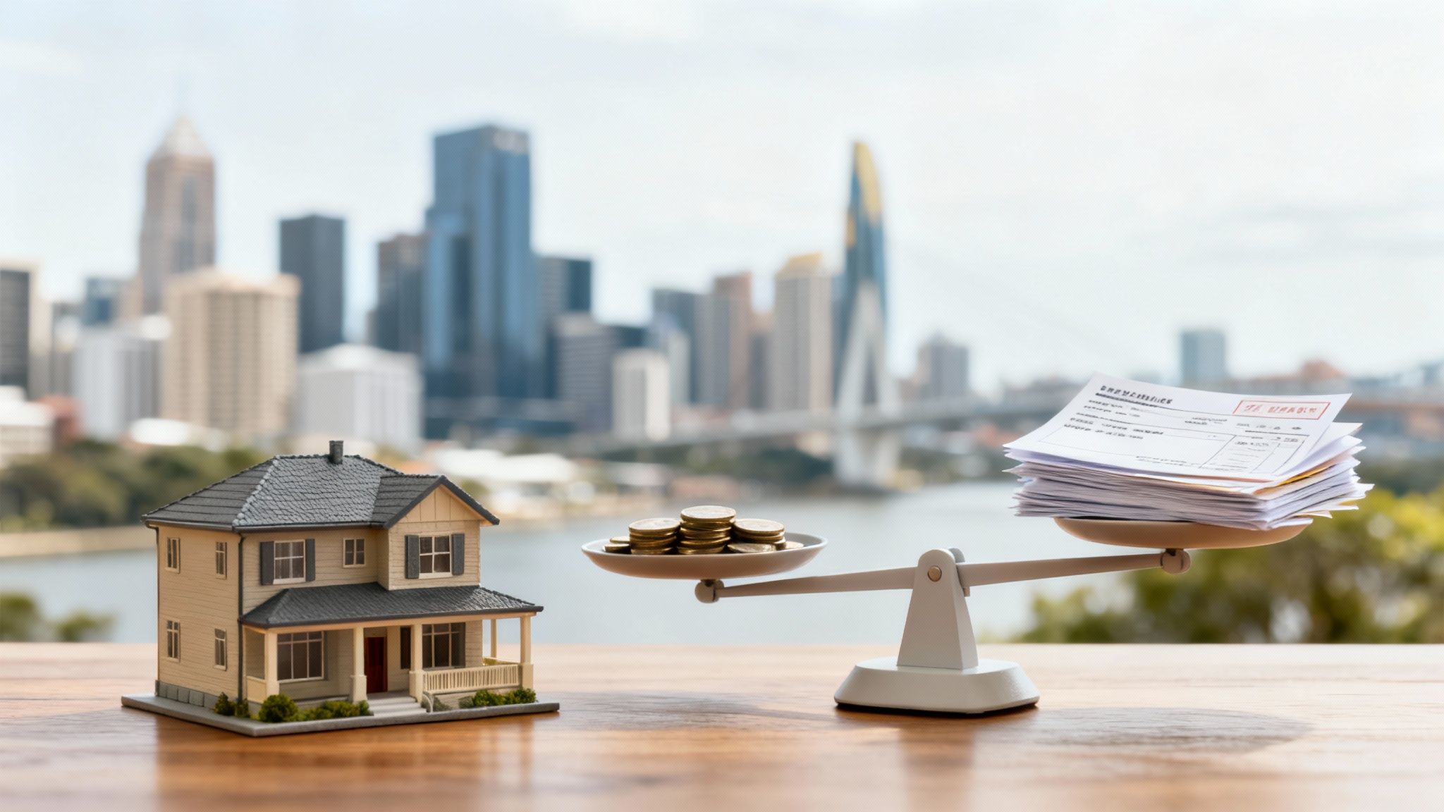 집 모형과 저울에 놓인 동전, 서류뭉치가 도시 풍경을 배경으로 하여 주택 금융의 균형을 나타냅니다.