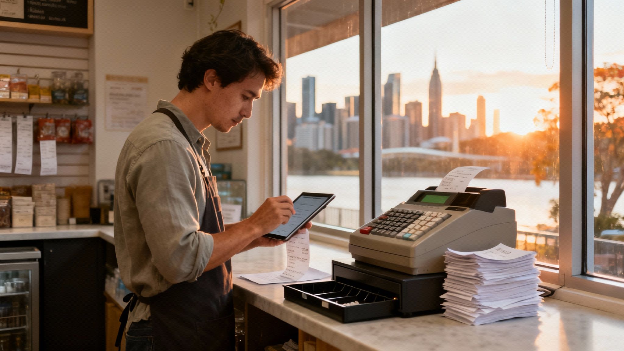 선셋을 배경으로 한 도시 풍경이 보이는 창가에서 앞치마를 입은 남자가 태블릿으로 작업하며 계산대와 영수증을 관리하고 있다.