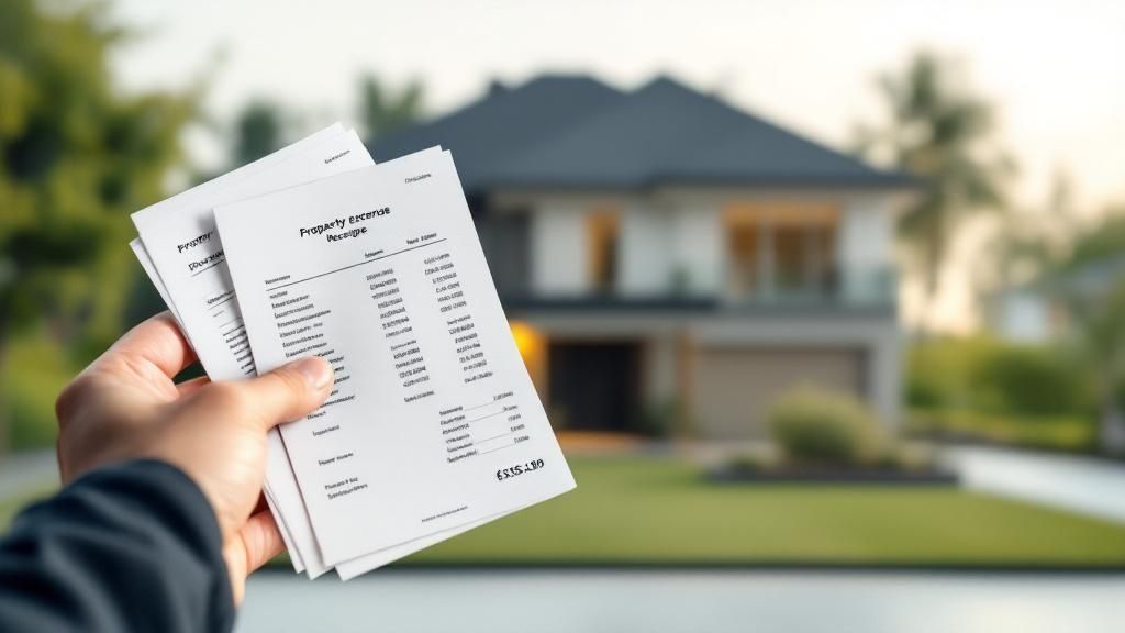 Person holding property expense reports in front of a modern suburban house, highlighting real estate investment documentation.