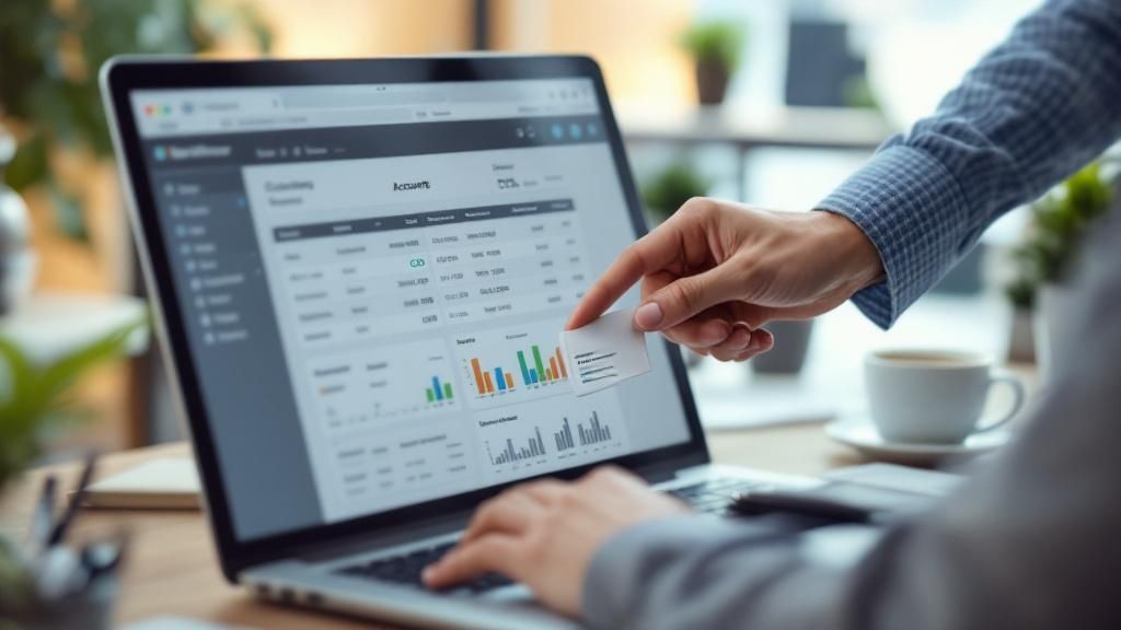 Person pointing at a financial dashboard on a laptop screen, illustrating the ongoing monitoring and updates required in an automated bookkeeping system.