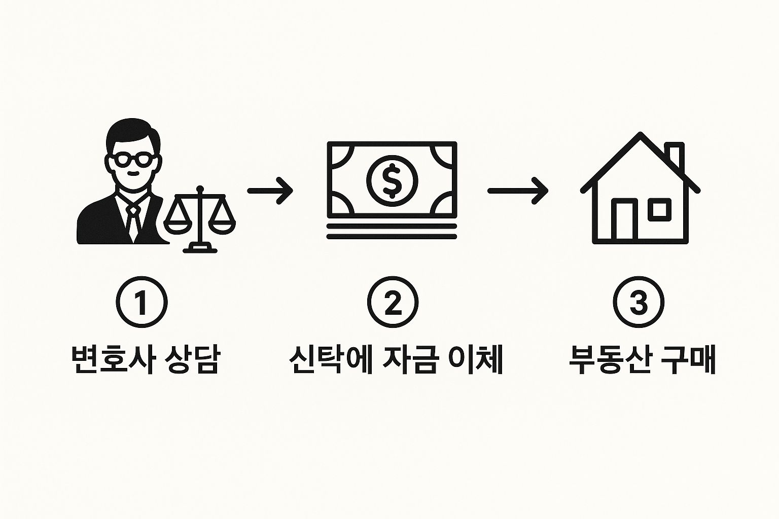 Step-by-step infographic showing lawyer consultation, transferring funds to a trust, and purchasing property