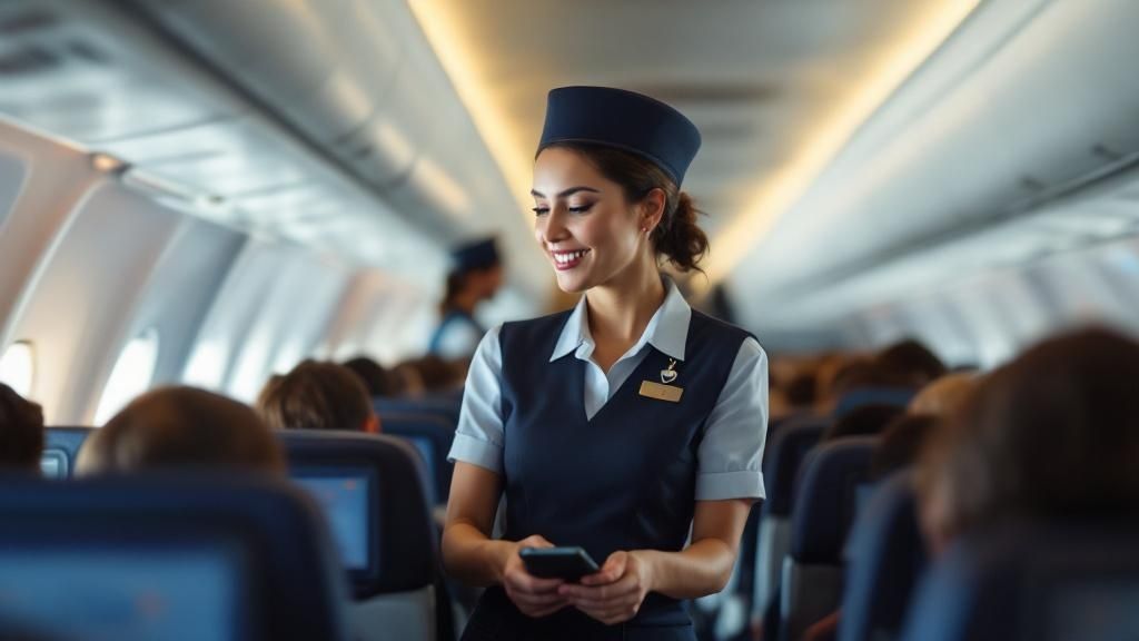 Flight attendant smiling while using a device in the airplane aisle, engaging with passengers during service.