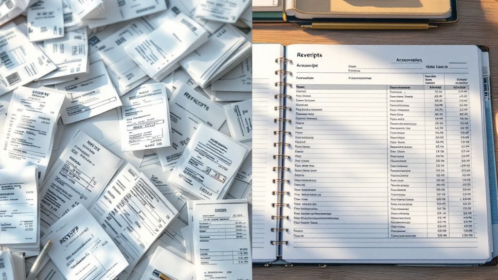 Stacks of paper receipts next to an organized accounting spreadsheet in a binder