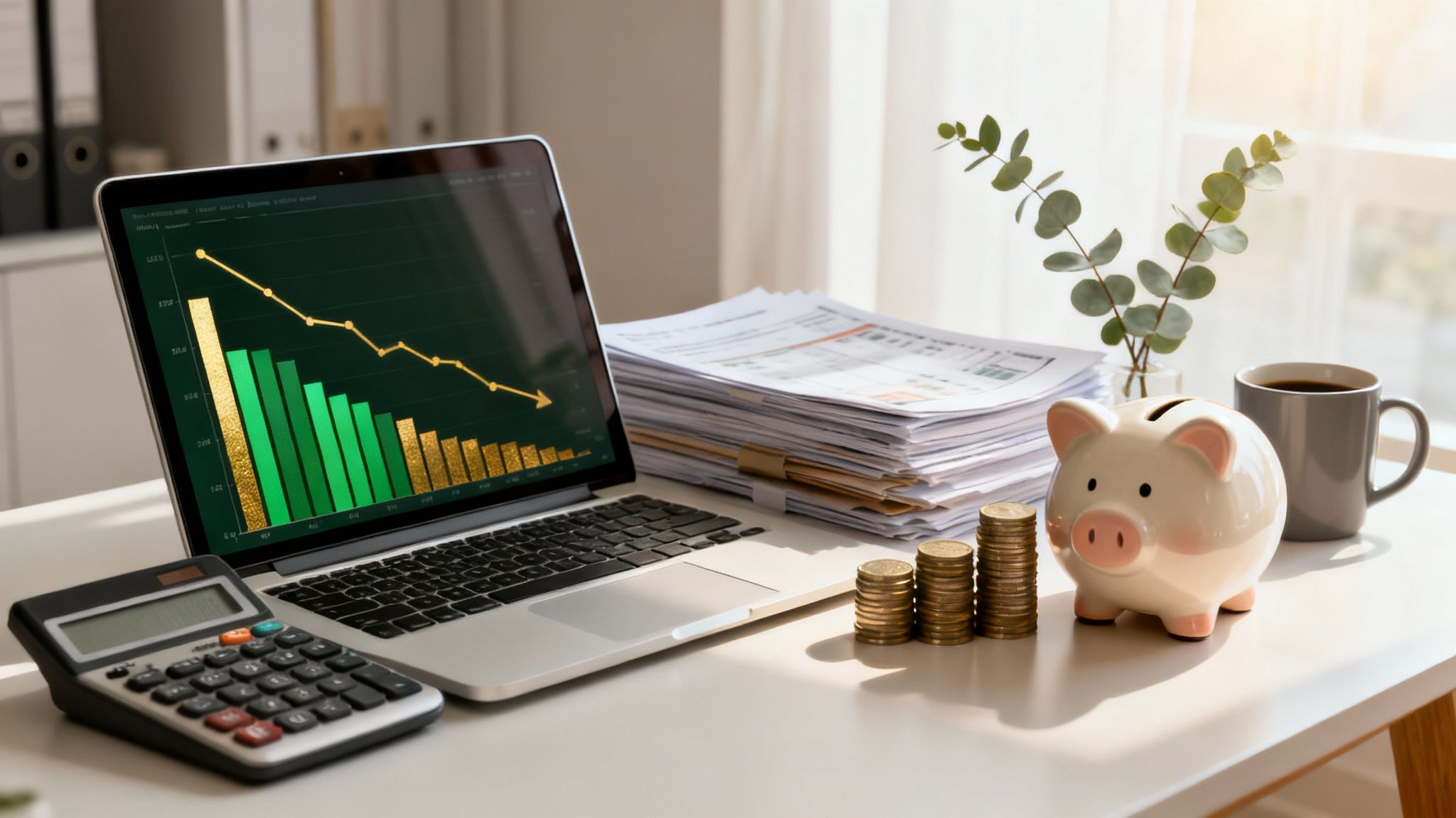 Laptop displaying financial charts beside a piggy bank and coins, illustrating how to decrease taxable income in Australia through smart tax planning.