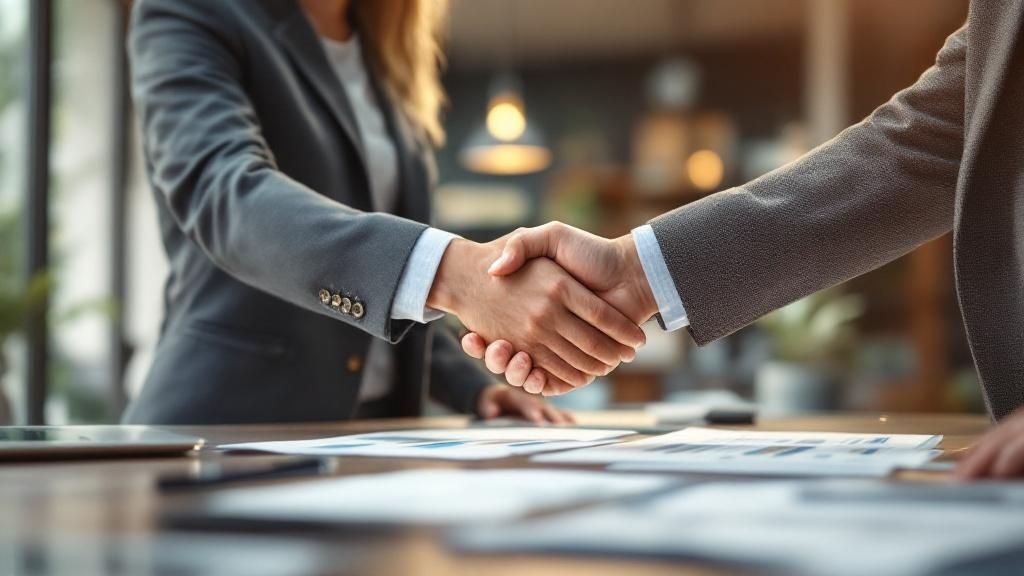 Two business professionals shaking hands over a desk with financial documents