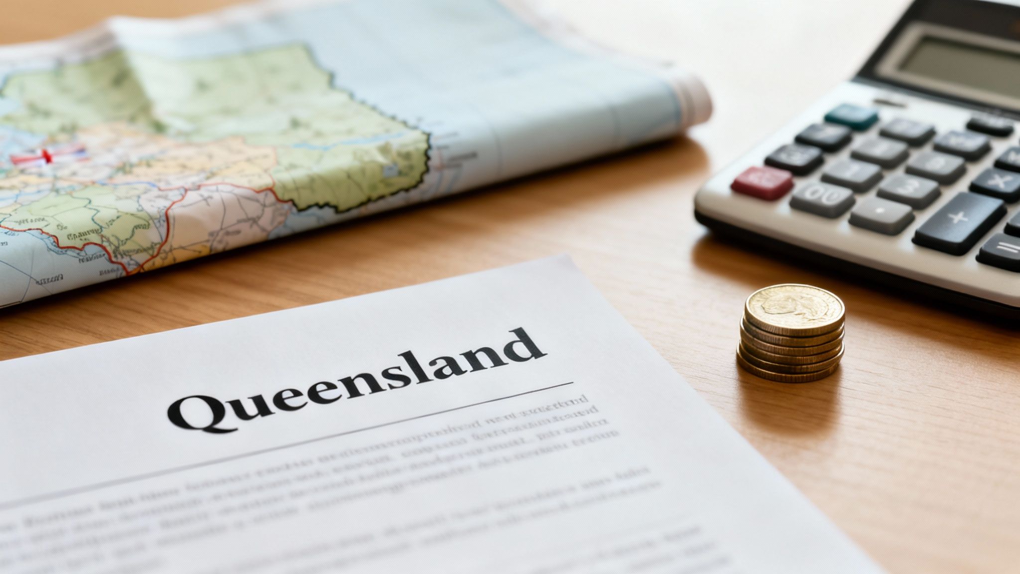 Document titled Queensland, a map with a red pin, a calculator, and a stack of coins on a wooden desk.