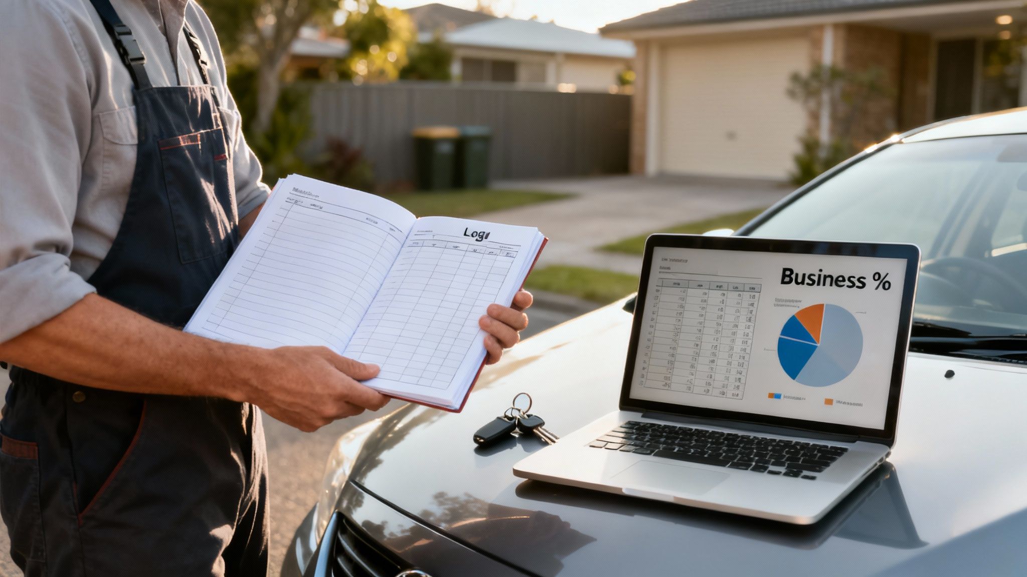 A person in an apron holds a car logbook next to a laptop displaying business data on a car hood.