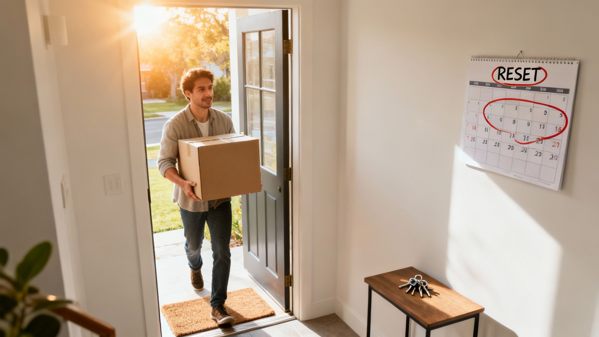 A man carries a box into a sunlit home, passing a "RESET" calendar with circled dates.