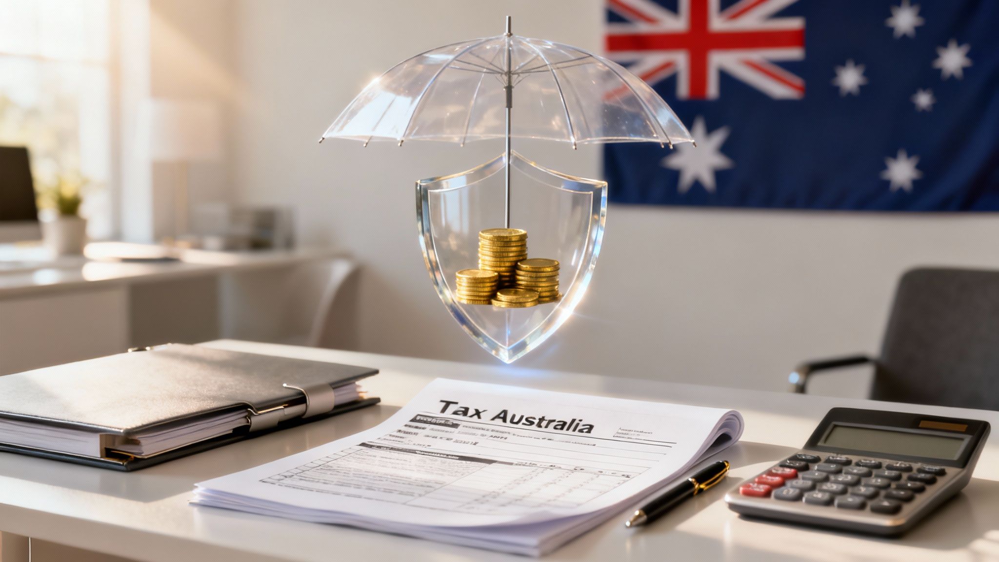 A workspace with tax documents, coffee, and an Australian flag-themed decoration used to illustrate income protection tax deductibility in Australia.