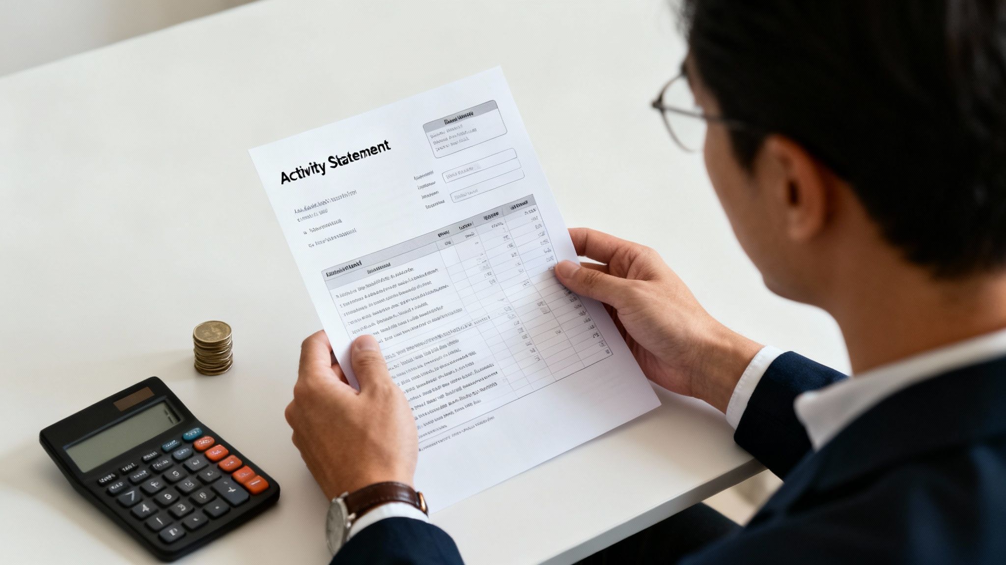A person in a suit reviews an activity statement, with a calculator and coins on the desk.