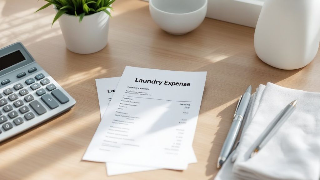 Printed laundry expense sheet on a desk with calculator, pen, and coffee mug, representing tax deduction documentation.