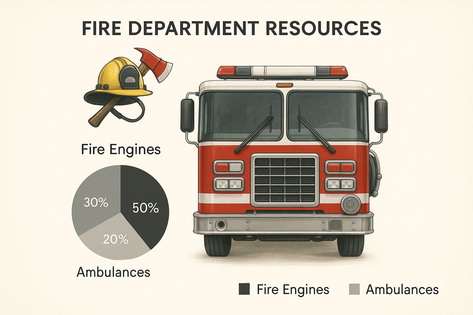Illustration showing fire department resource allocation between fire engines and ambulances with a pie chart
